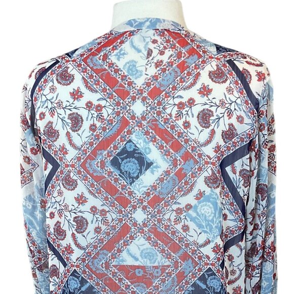 Daniel Rainn Gleeson Tab Sleeve Pleated Front Blue Red Floral Popover Blouse LG - Picture 7 of 13
